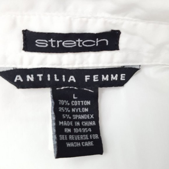 Antilia Femme Women size L Blouse Buttons Down Collared Pleated Stretch - Picture 8 of 9